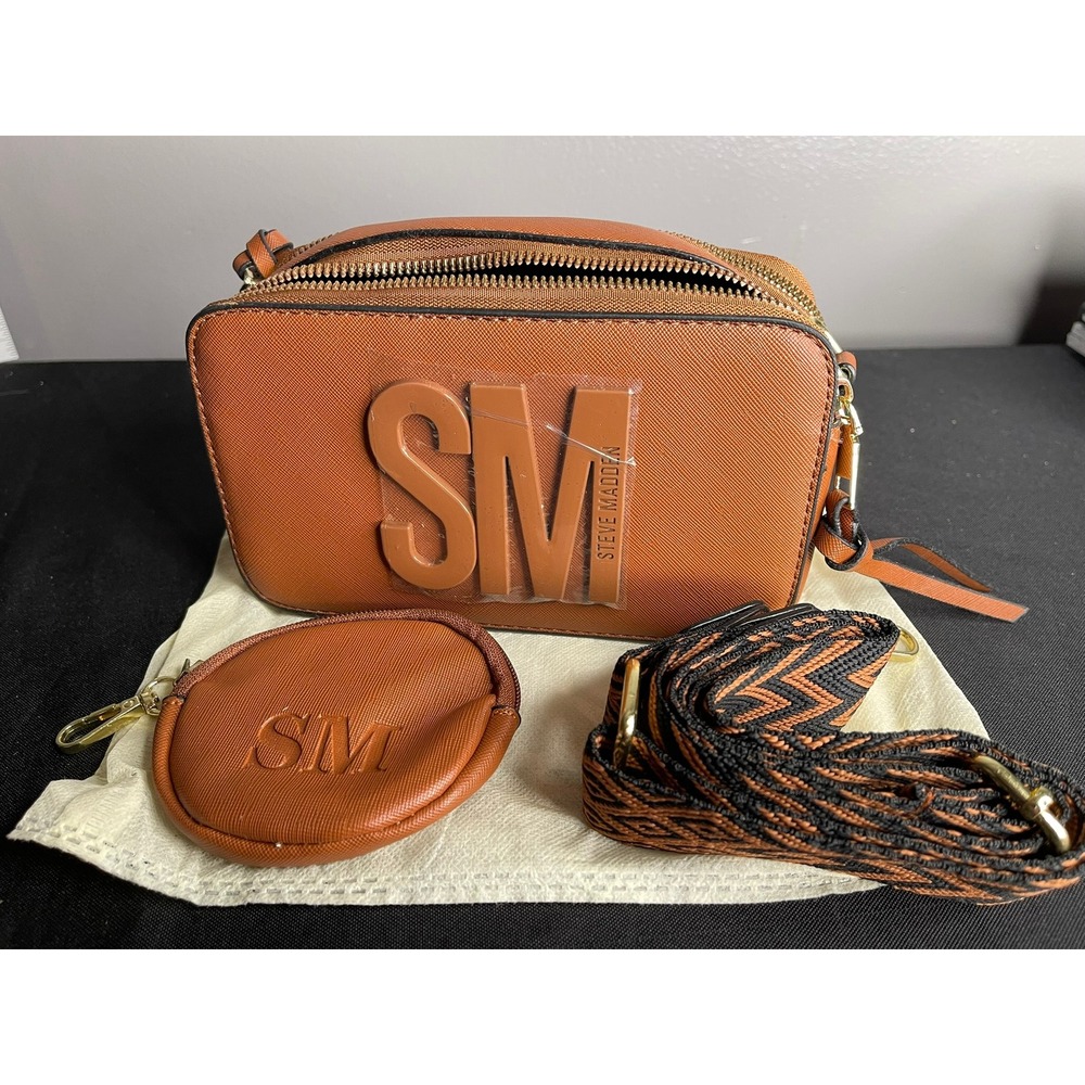 Steve Madden Cognac Brown Saffiano SM Crossbody Camera Bag with Coin Purse